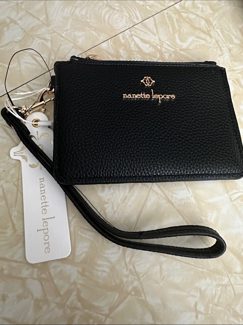 Nanette Lepore Black Pebbled Leather Wristlet with Gold Logo